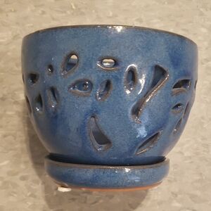 Blue Ceramic Planter with Leaf Cutout Design